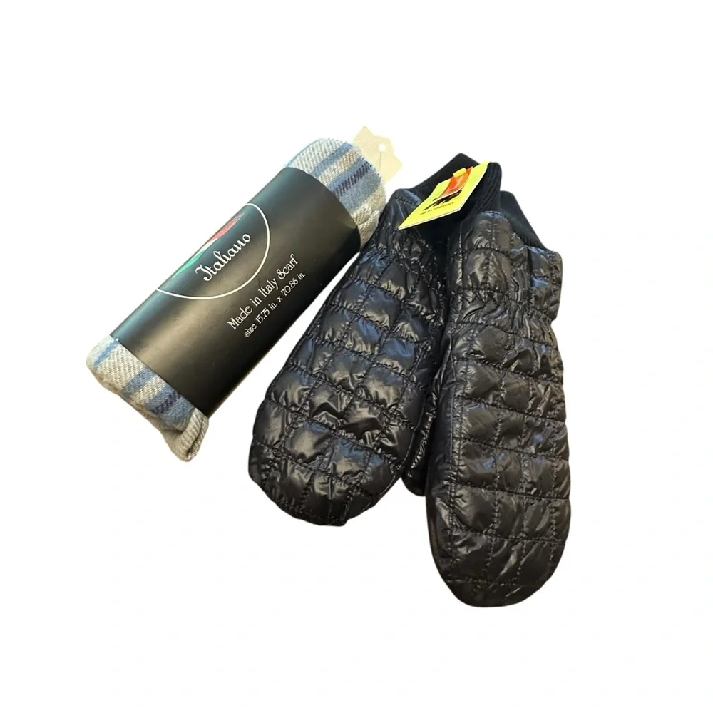 Black Quilted Mittens with Blue Striped Scarf